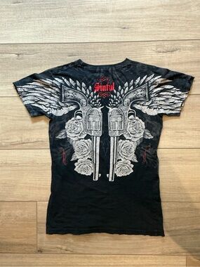 Sinful Black Graphic Tee with Silver Pistols, Wings & Roses